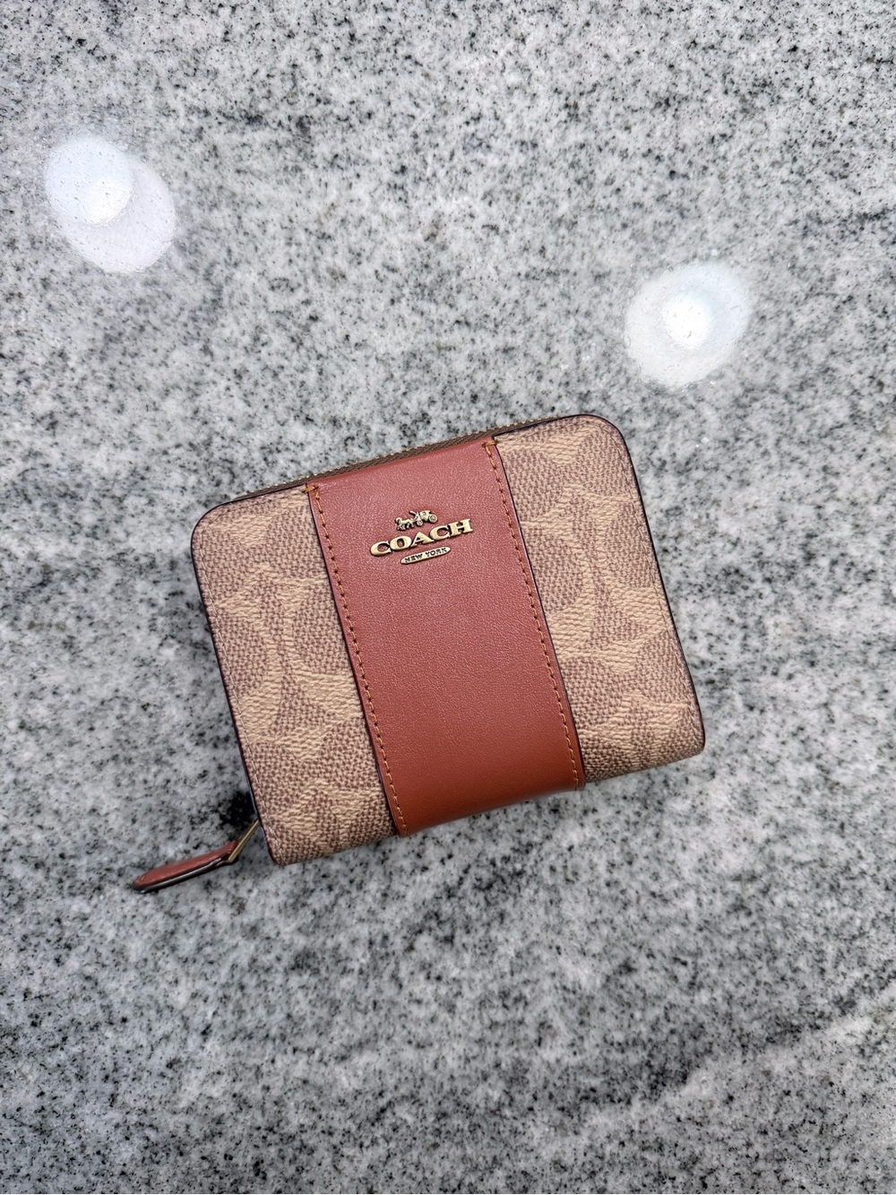 Coach Brown Signature Zip-Around Wallet with Tan Center Panel